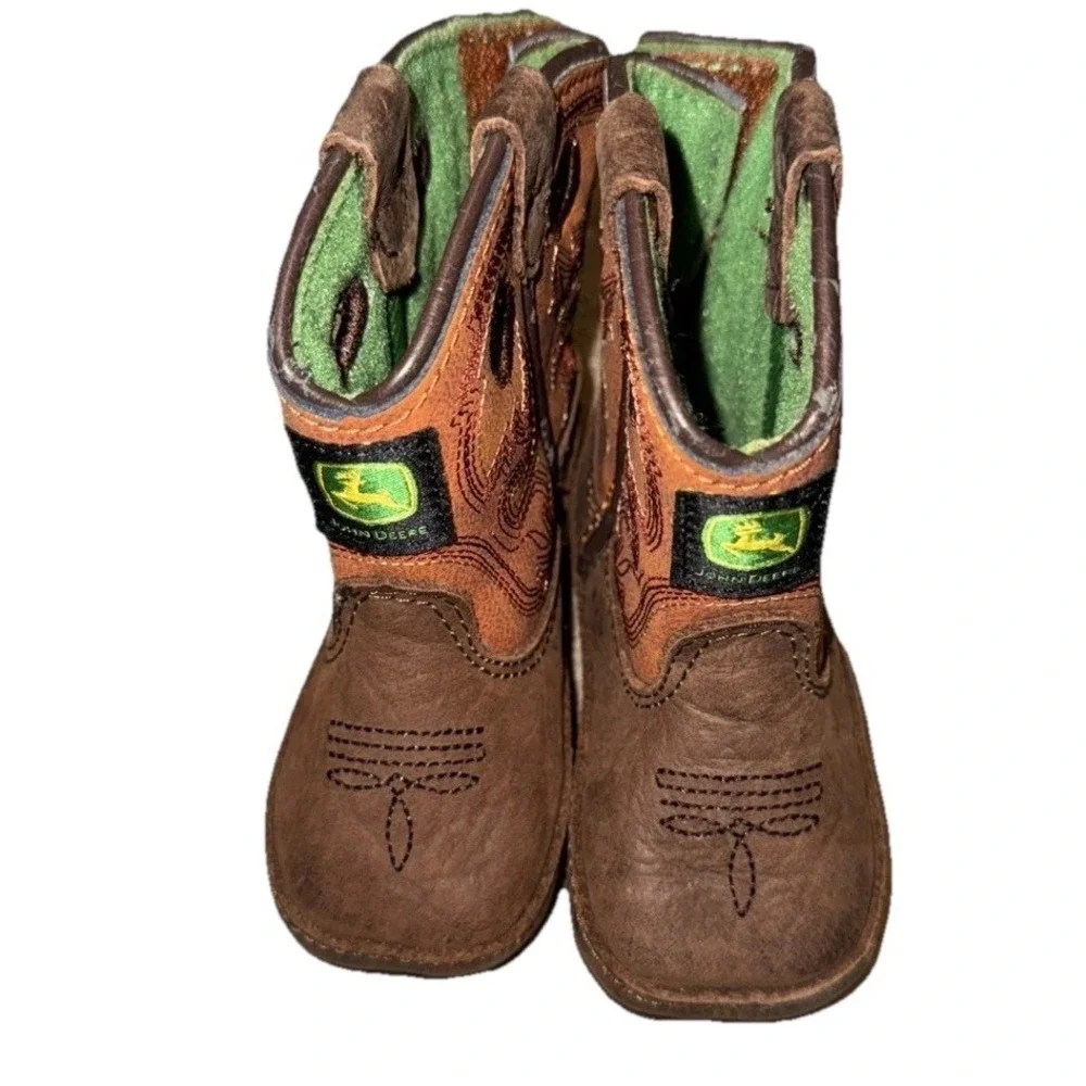John Deere Johnny Popper Crib Boots Baby Sz 3M 3‎ Brown Leather Boys